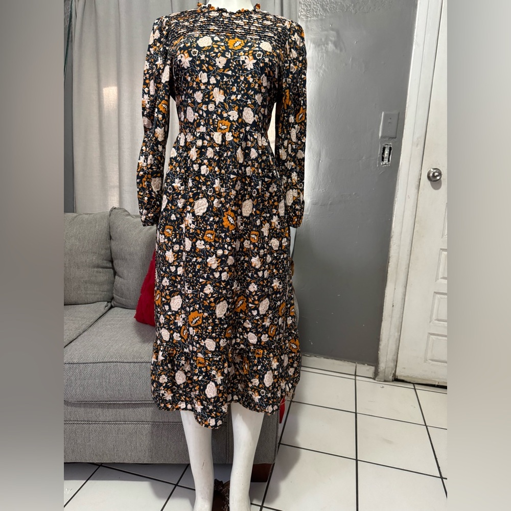 Floral Long Sleeve Midi Dress in Black and Mustard